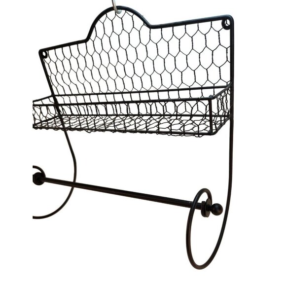 Black Metal Wire Wall-Mounted Shelf & Paper Towel Holder With Decorative Chicken - Picture 4 of 8